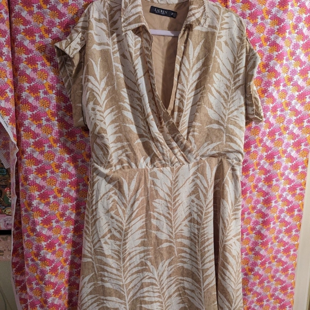 Ralph Lauren Tan and Cream Leaf Pattern Midi Dress